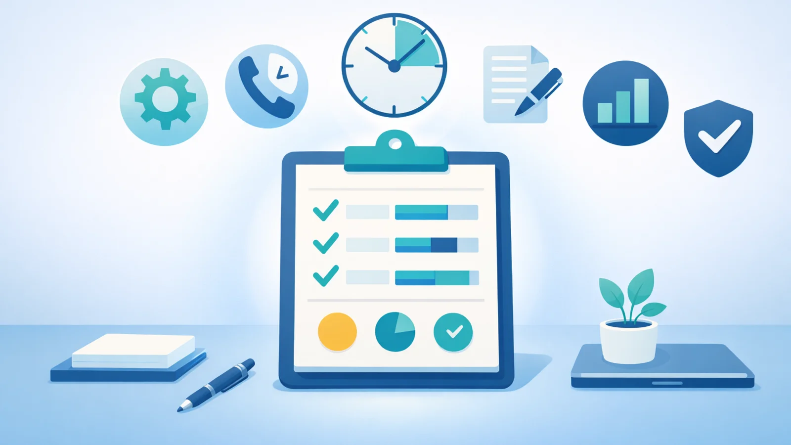 A small business owner reviewing a simple audit worksheet on a desk with a laptop