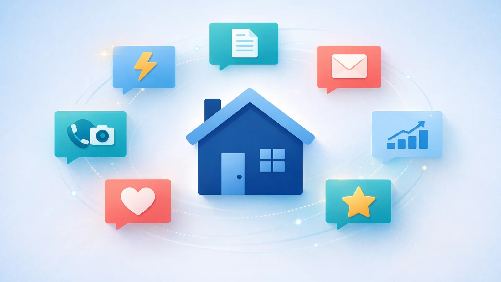A navy blue house icon surrounded by seven floating chat bubble cards with icons for leads, listings, emails, nurture, social media, pricing, and reviews