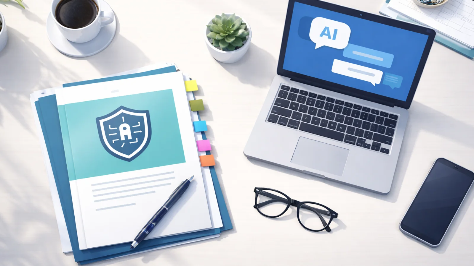 A small business owner reviewing an AI policy document at their desk