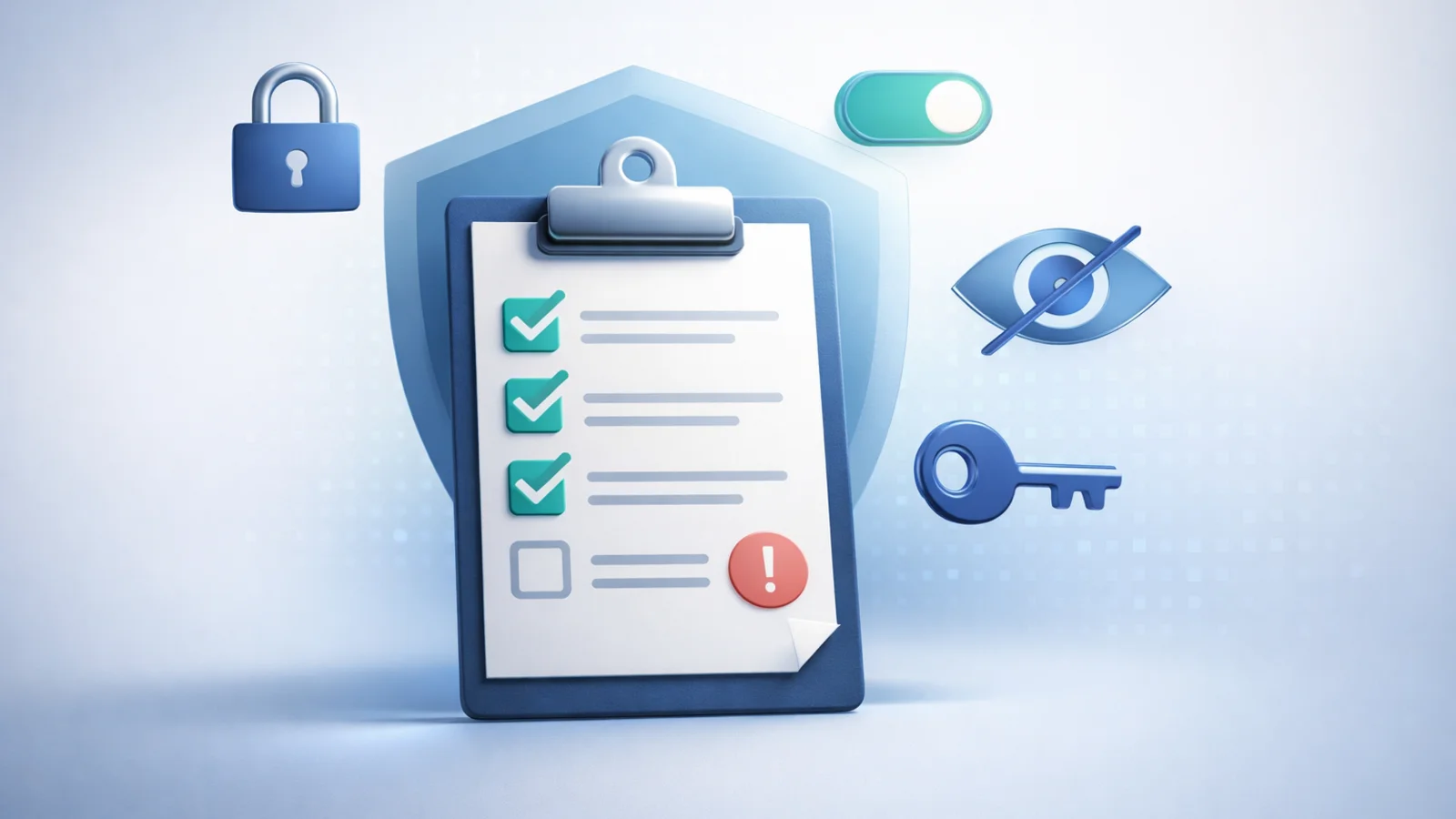 A clipboard checklist with teal checkmarks and a coral warning icon, overlaid on a security shield, surrounded by a padlock, toggle switch, privacy eye, and key icons