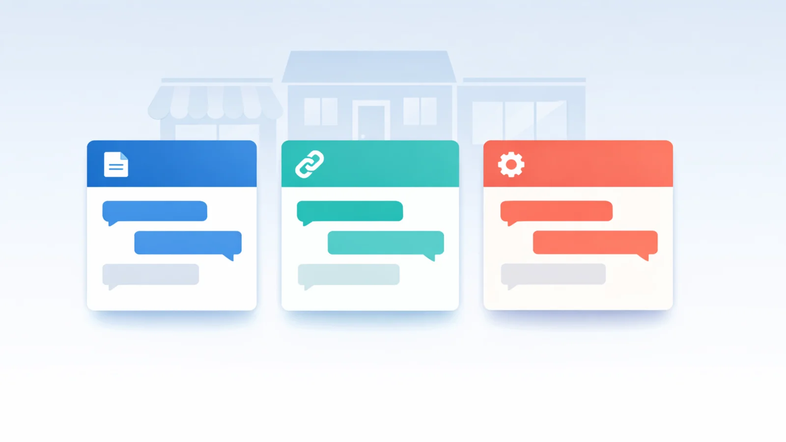 Three AI chat interface cards in blue, teal, and coral with document, link, and gear icons, backed by a subtle storefront silhouette