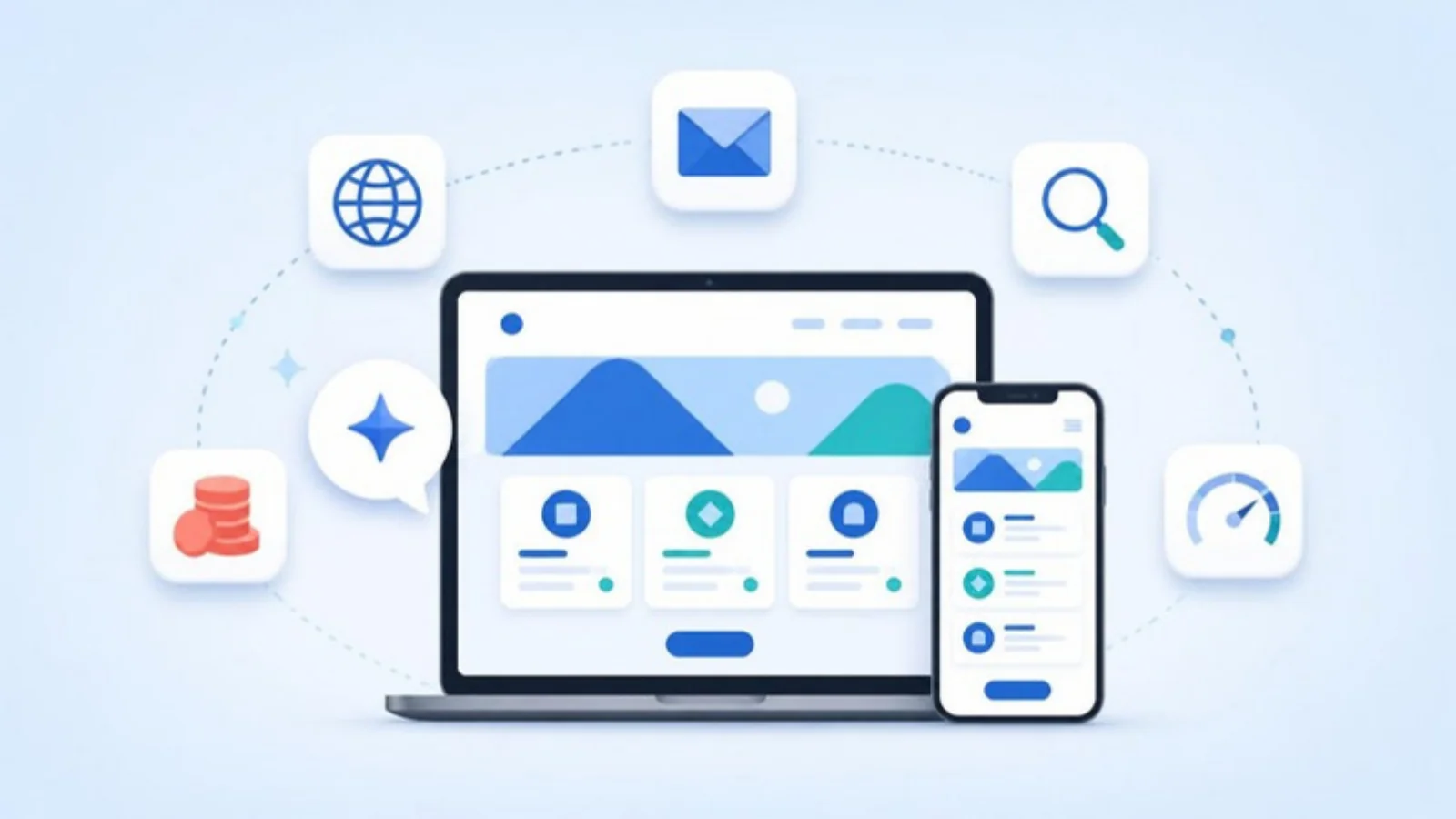 A laptop and a phone showing the same simple small business website, beside an AI chat bubble and floating icons for a web address, email, search, page speed and cost
