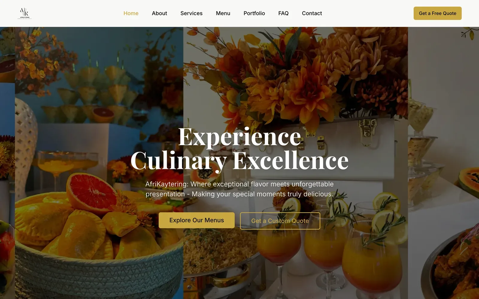 The AfriKaytering homepage: a full-width photograph of catered food and flowers with menu and quote buttons over it