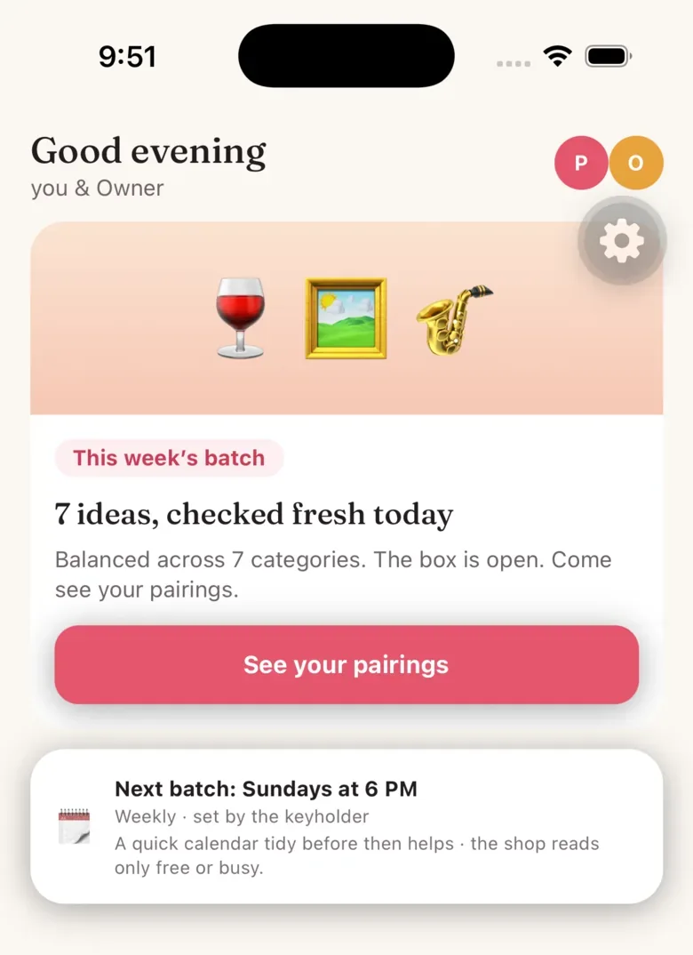 The Daterie app home screen showing this week's batch of seven date ideas and a button to see your pairings