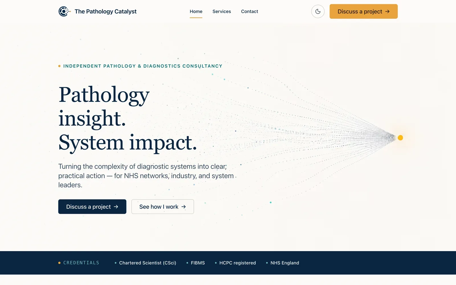 The Pathology Catalyst homepage: a large headline, a scatter graphic converging on a point, and a Discuss a project button