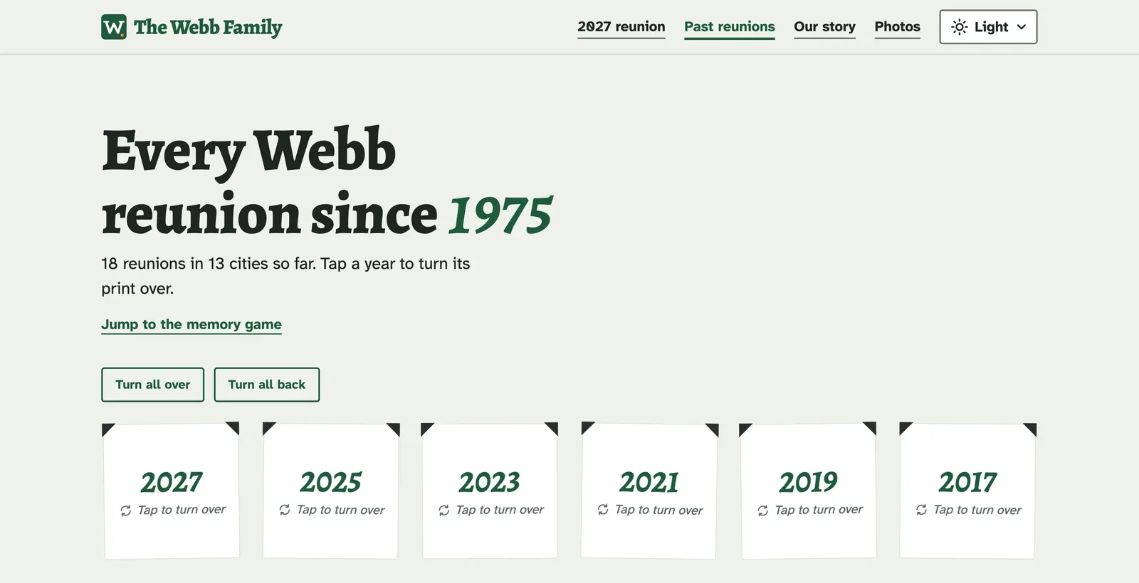 The Webb Fam past reunions page: a headline reading Every Webb reunion since 1975 above a row of year cards